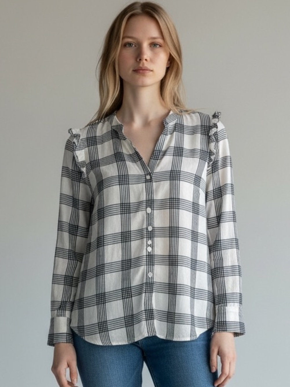 J.Crew‎ Navy White Ruffle Button-Down Shirt Medium